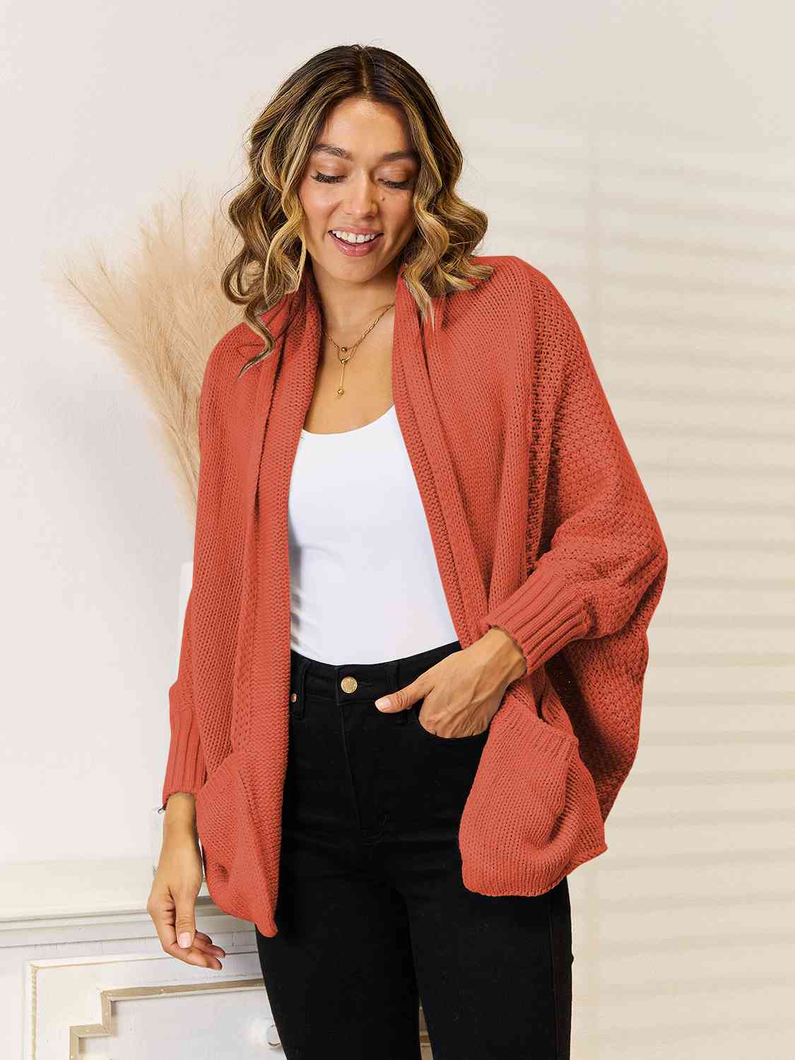 Open Front Cardigan with Pockets - Deals DejaVu