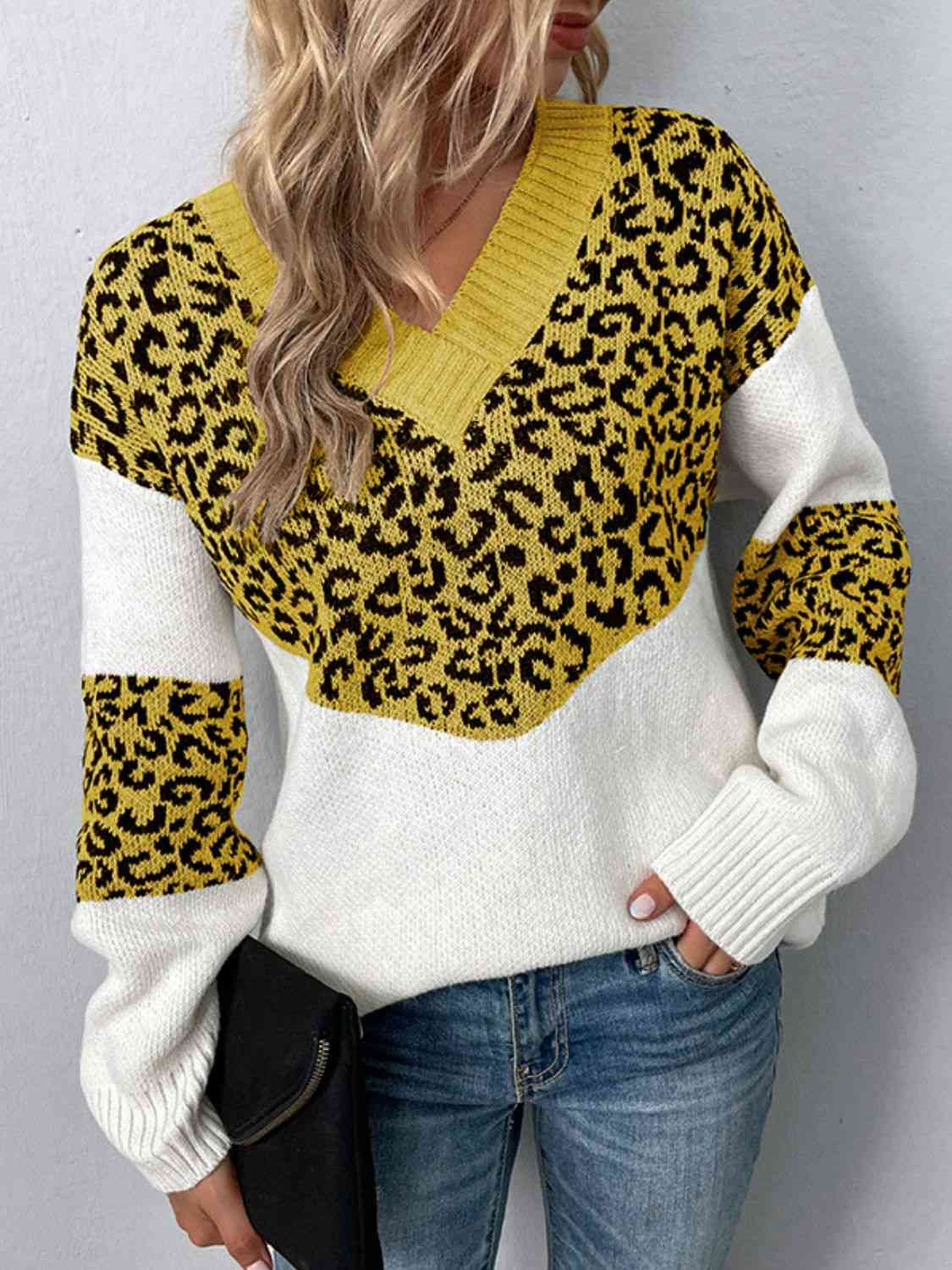 Leopard V-Neck Dropped Shoulder Sweater - Deals DejaVu