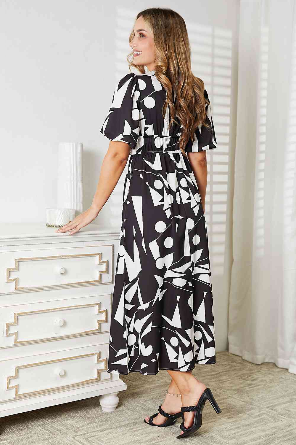 Double Take Printed Surplice Balloon Sleeve Dress – Deals DejaVu