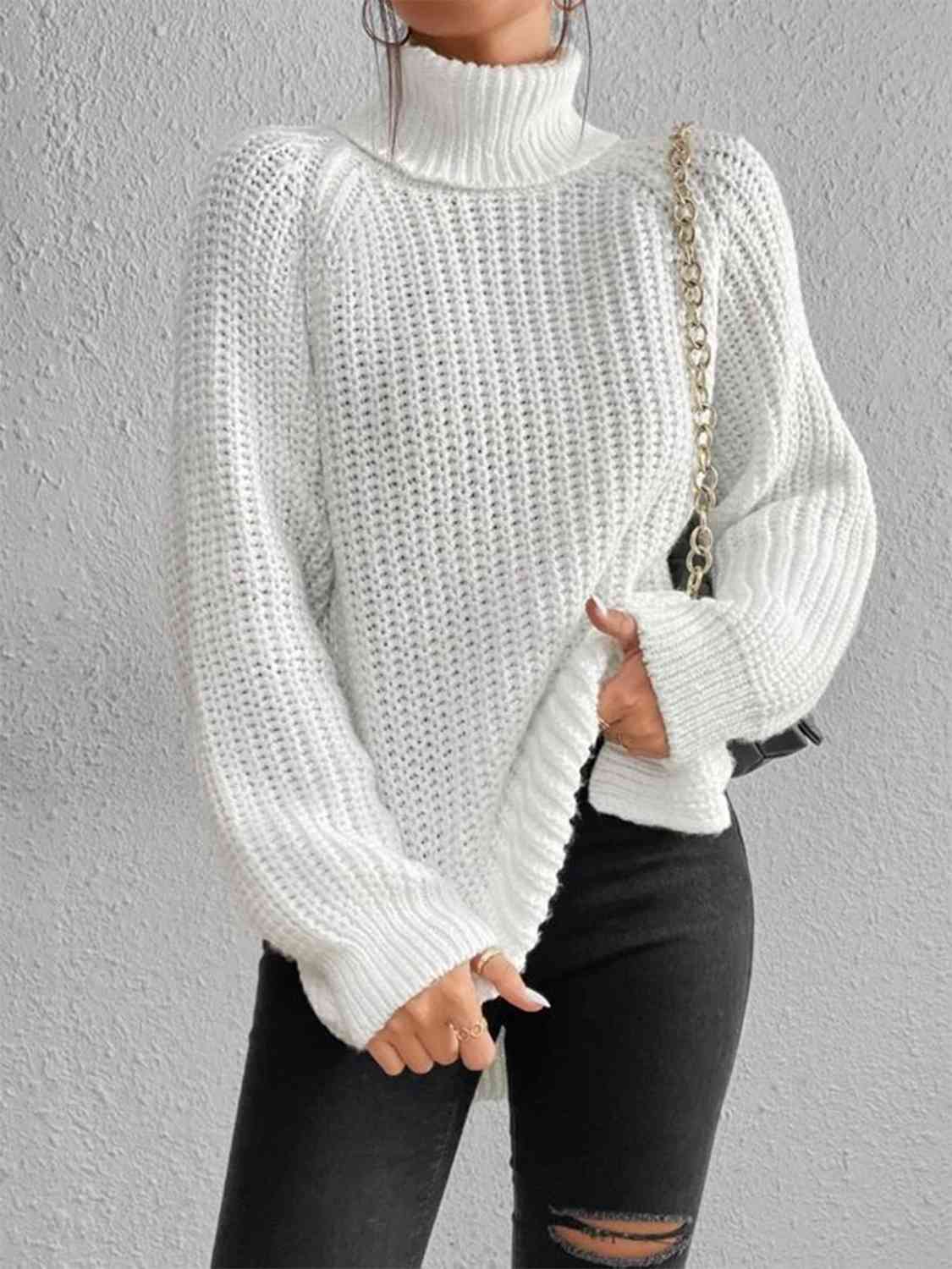 Full Size Turtleneck Rib-Knit Slit Sweater - Deals DejaVu