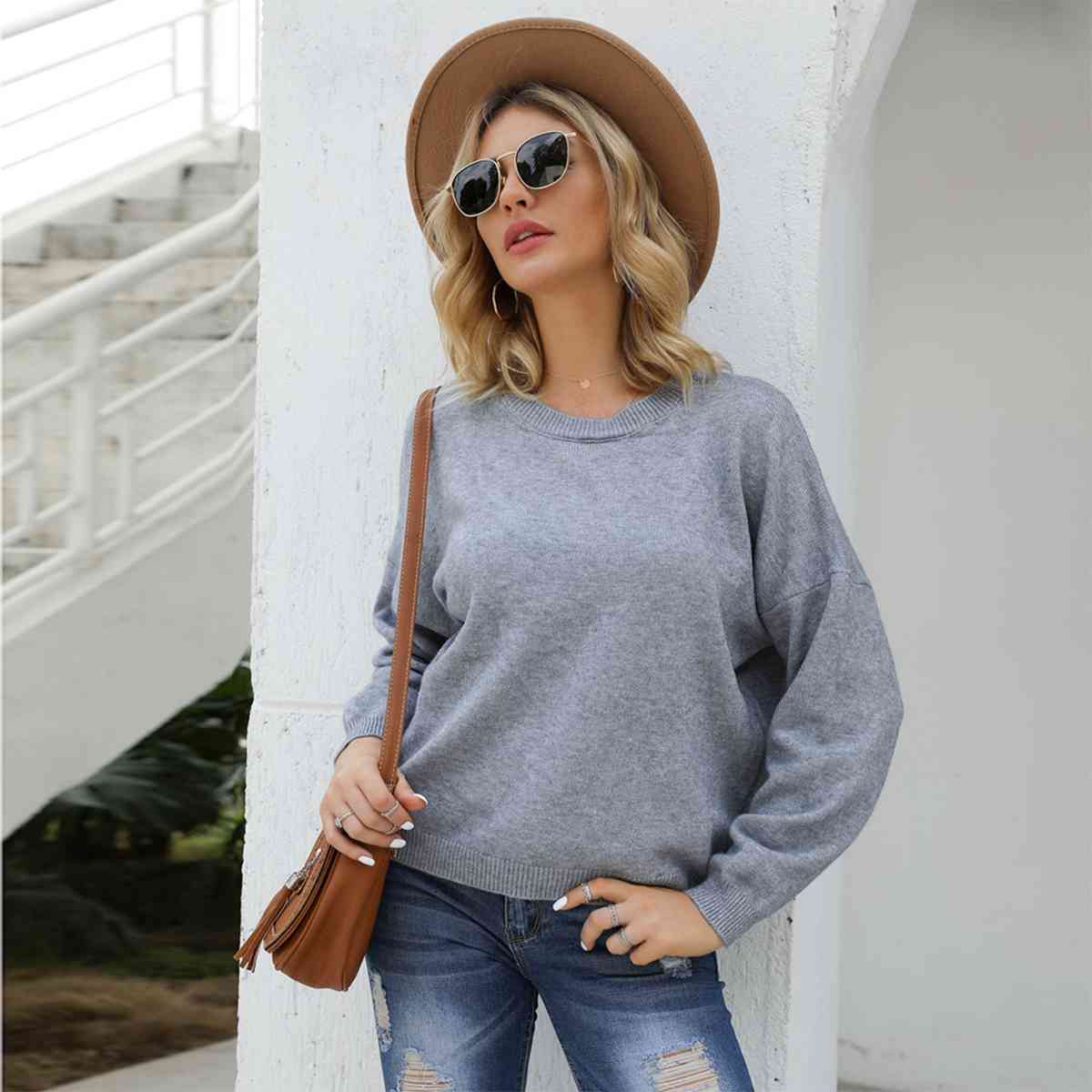 Round Neck Long Sleeve Drop Shoulder Sweater - Deals DejaVu