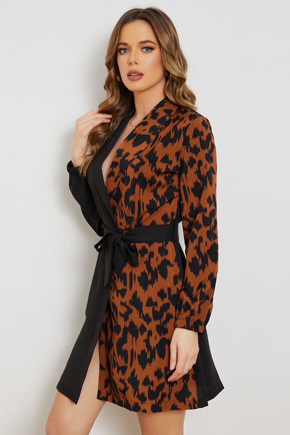 Leopard Color Block Belted Shawl Collar Dress (BWD)(WS06)T