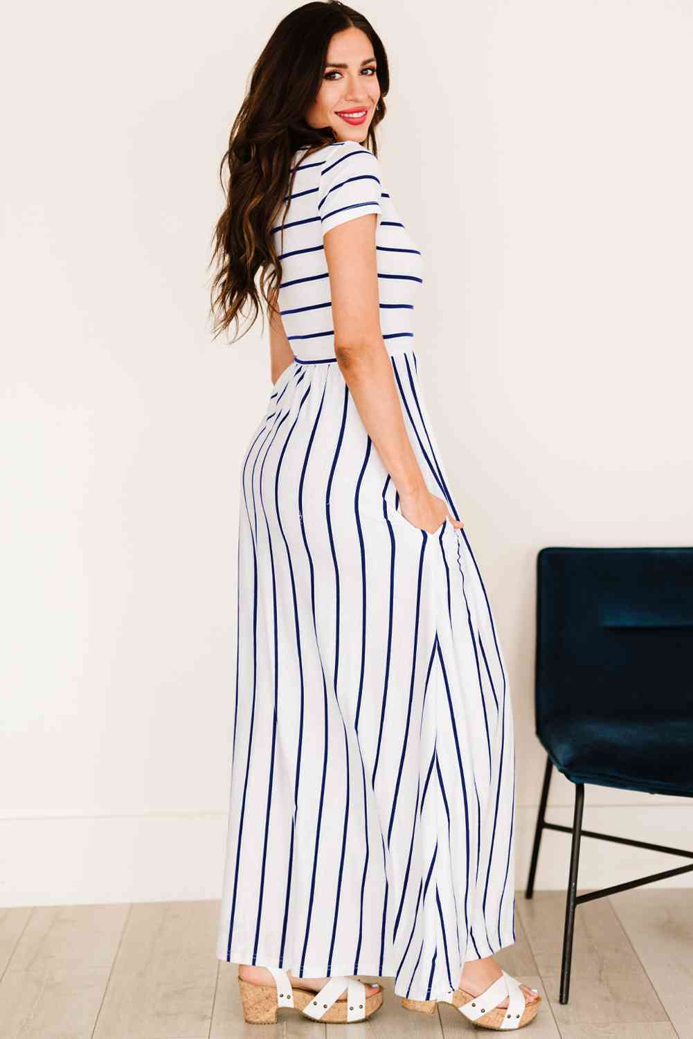 Striped Short Sleeve Crewneck Maxi Dress (BWMT) T - Deals DejaVu