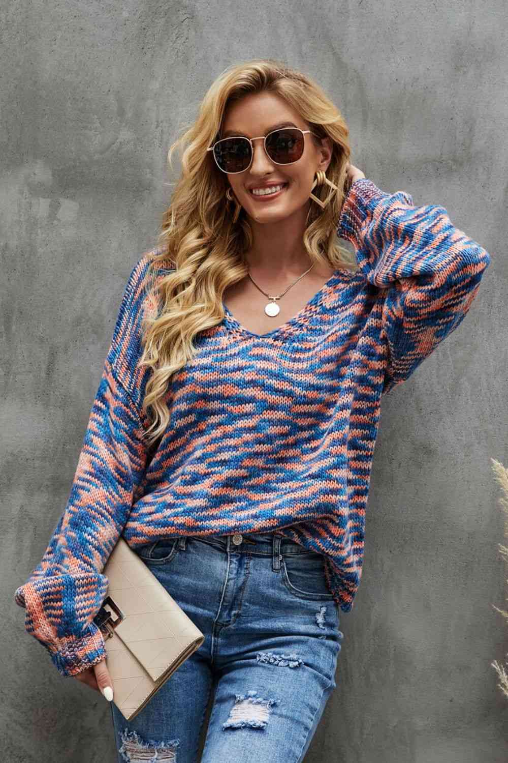 Multicolored Balloon Sleeve V-Neck Sweater - Deals DejaVu