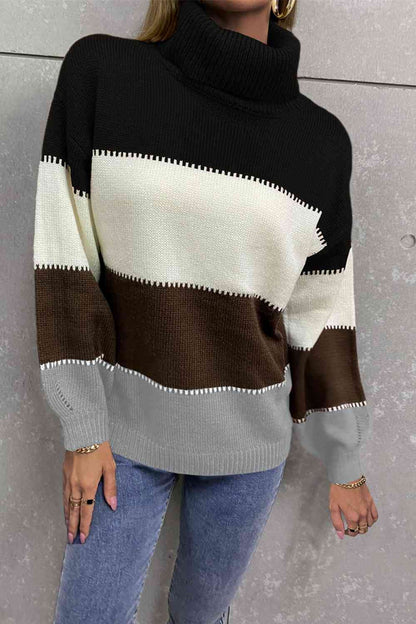 Color Block Lantern Sleeve Turtleneck Sweater - Deals DejaVu