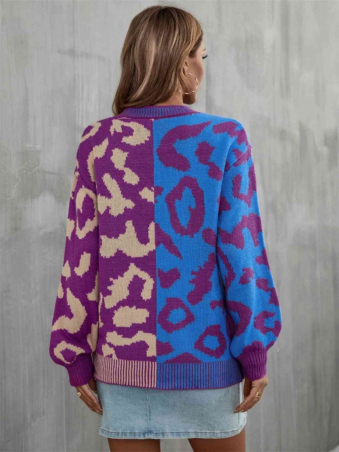 Leopard Round Neck Long Sleeve Sweater - Deals DejaVu