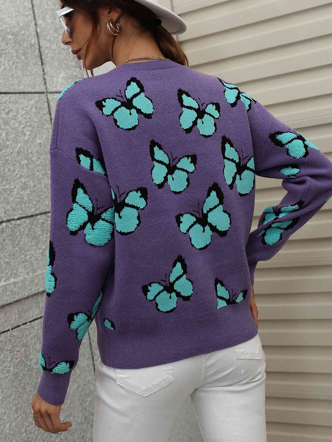 Woven Right Butterfly Dropped Shoulder Crewneck Sweater - Deals DejaVu