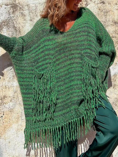 Fringe Detail Long Sleeve Sweater with Pockets - Deals DejaVu