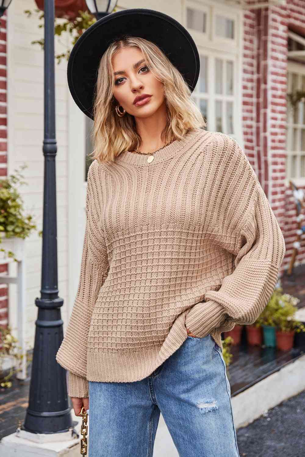 Round Neck Dropped Shoulder Sweater - Deals DejaVu