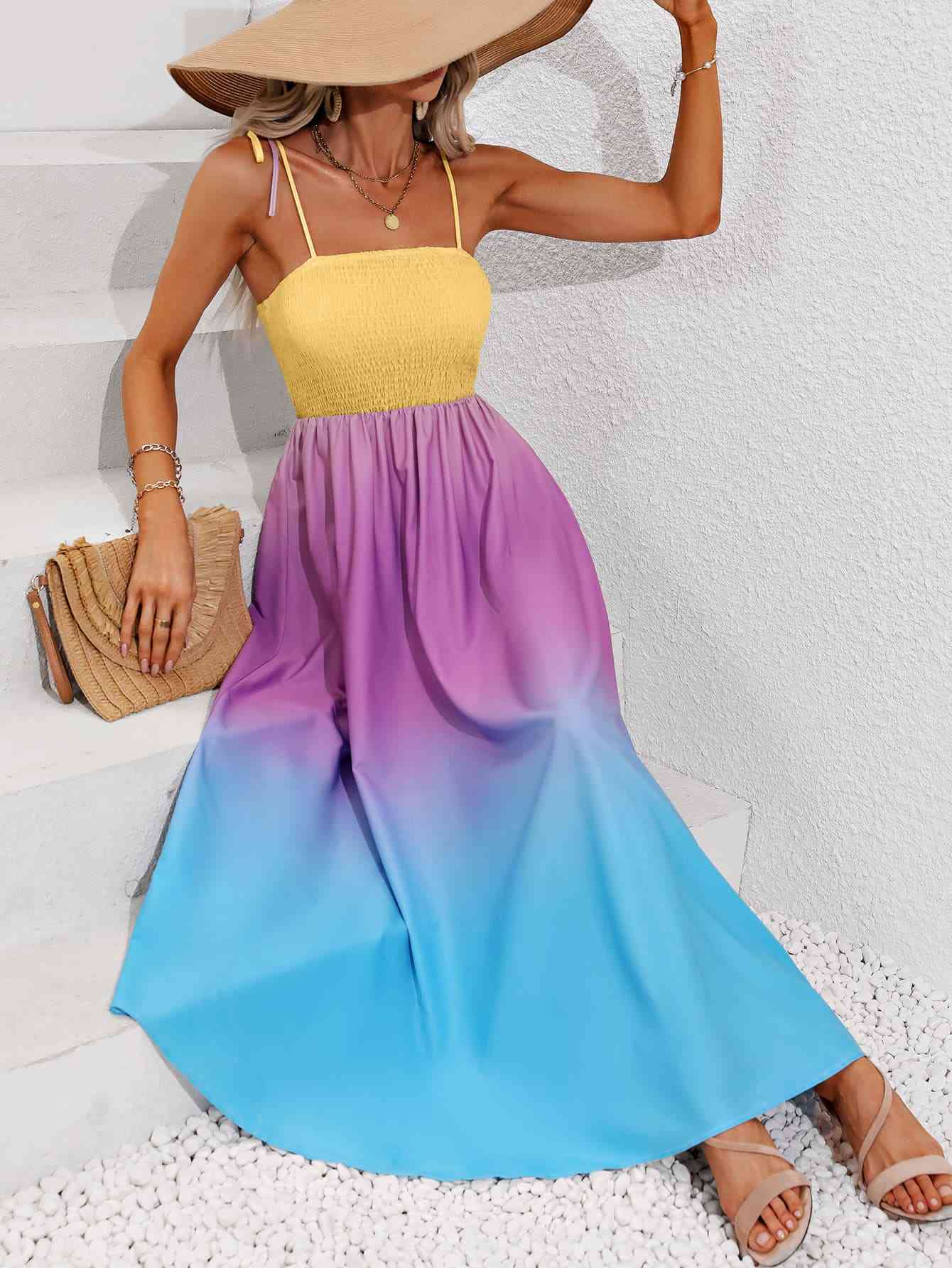 Color Block Tie Shoulder Smocked Maxi Dress (BWMT) T - Deals DejaVu