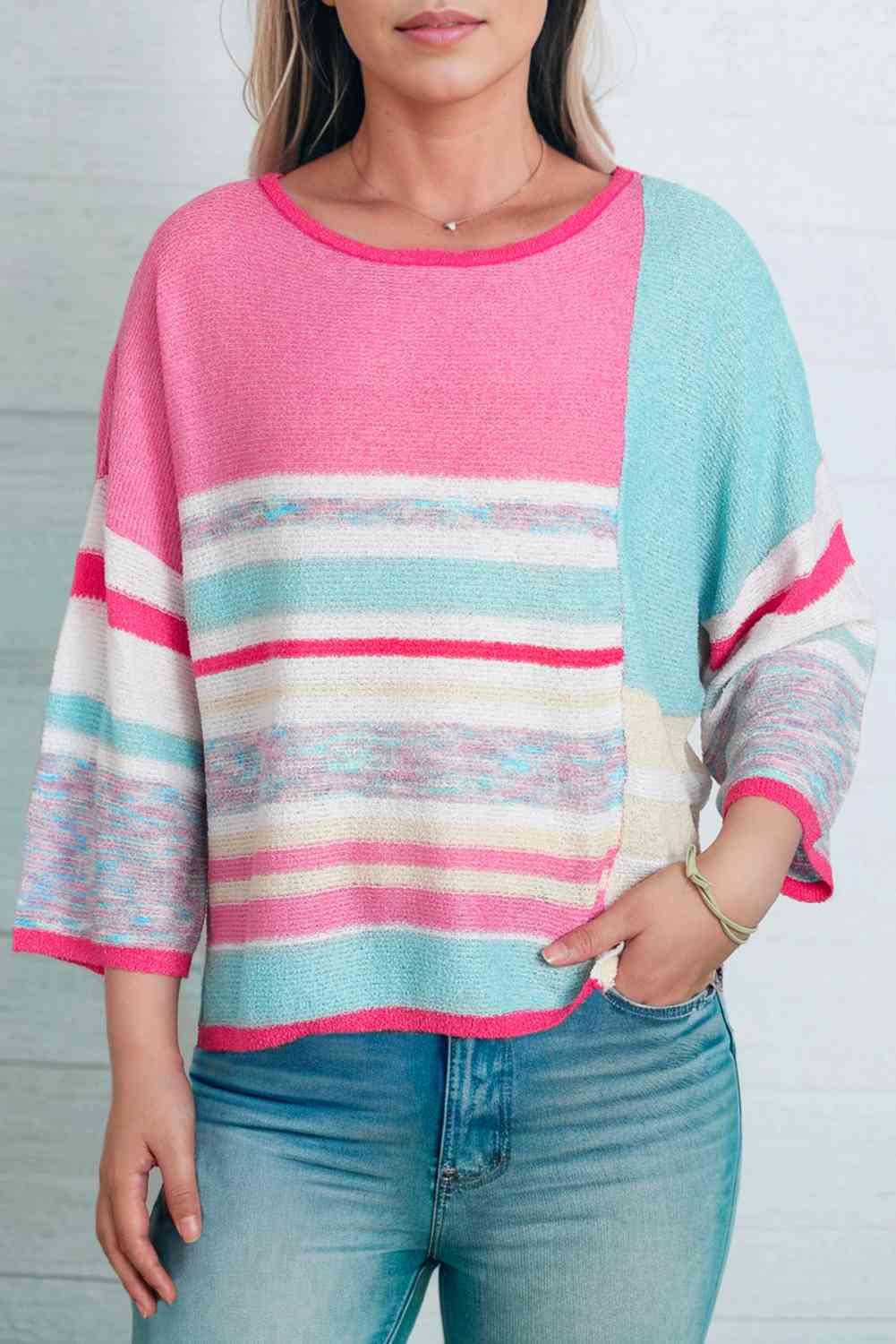 Printed Round Neck Dropped Shoulder Pullover Sweater - Deals DejaVu