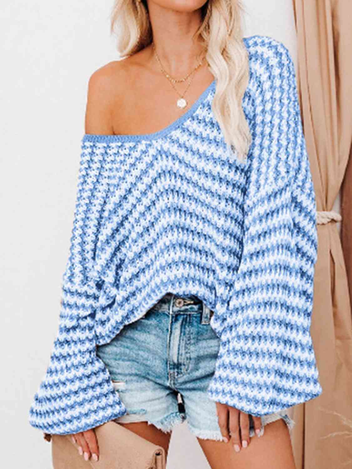 Striped Drop Shoulder V-Neck Sweater - Deals DejaVu