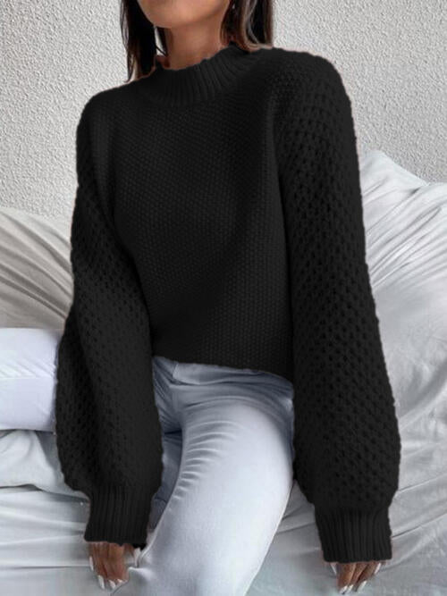 Openwork Mock Neck Long Sleeve Sweater - Deals DejaVu