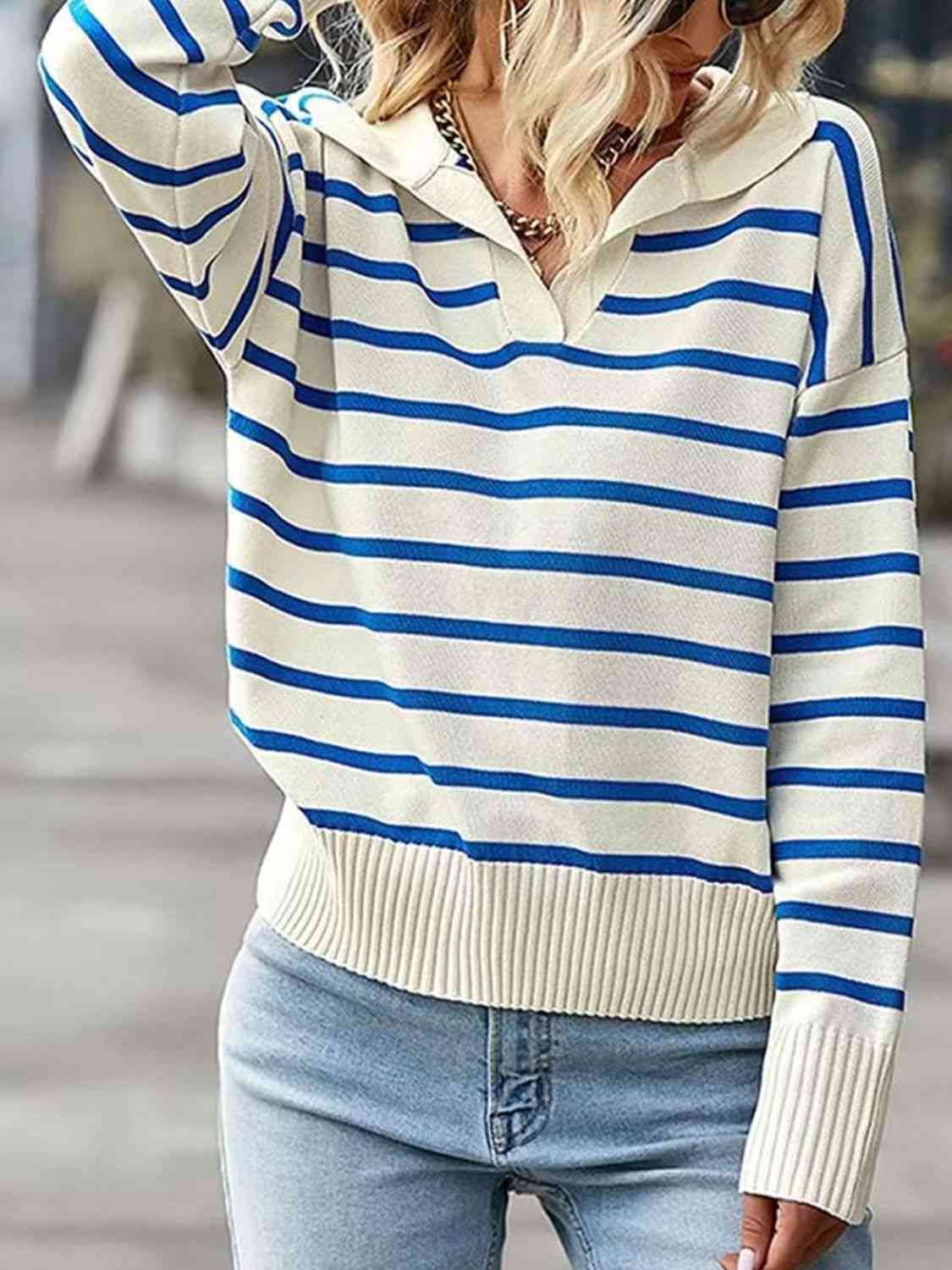 Striped Collared Neck Knit Top