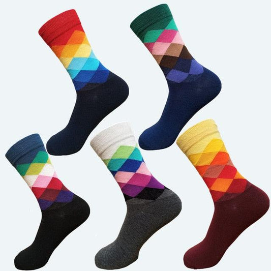 Men's Casual Color Diamond Pattern - Five Pairs Of Large Size -Fashion Socks (D9)(TG8)(T6G)