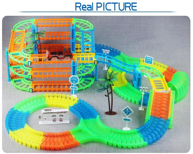Great 2in1 Railway Track Car Set - Bend Flex Serpentine Technology Glow in The Dark Track LED Light Race Car Toys (F2)(3X2)