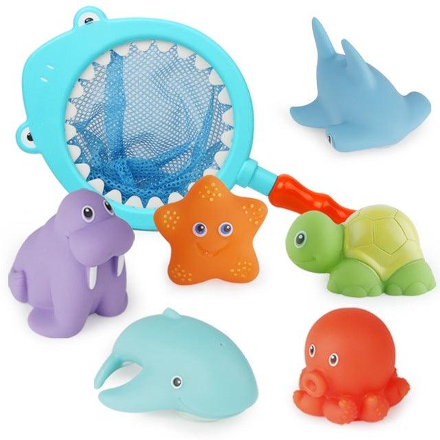 Baby Bathing Toys Shark or Whale Fishing Net and Colorful Soft Floating Rubber Sound BathToys (D1)(4X1)