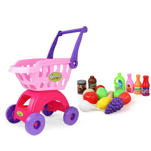 Kids Mini Supermarket Shopping Cart Play Set Toys - With Wheels Food Plates Cooker Vegetable Storage Trolley Play House - Girls Toys (1X3)