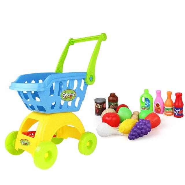 Kids Mini Supermarket Shopping Cart Play Set Toys - With Wheels Food Plates Cooker Vegetable Storage Trolley Play House - Girls Toys (1X3)