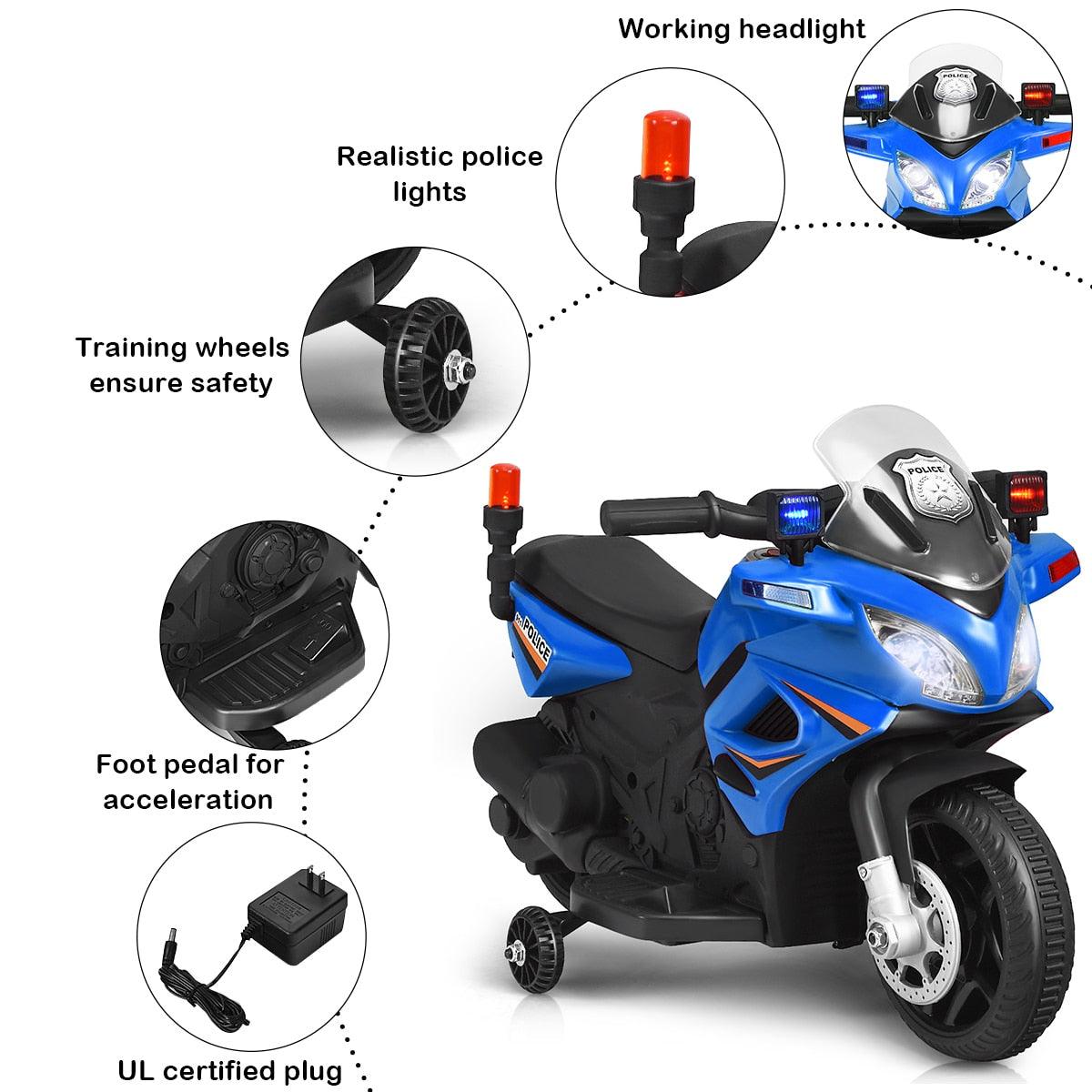 Amazing 6V Kids Ride On Police Motorcycle - 4-Wheel Electric Toy w/Training Wheels Blue (1U2)(9X1)
