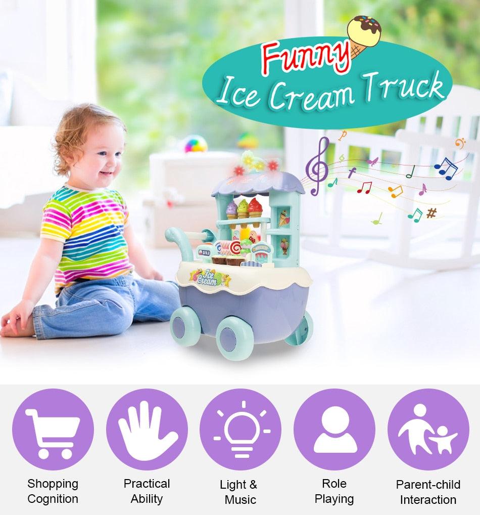 Children Role Play Toys - Kitchen Ice Cream Shopping Cart - With Light and Music - Education Toy Girls Boys Gift (D2)(1X3)