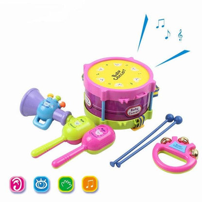 5pcs/set Baby Musical Instruments Playing Set Toys - Colorful Drum / Handbell / Trumpet / Cabasa Educational Toy for Children (D2)(2X2)