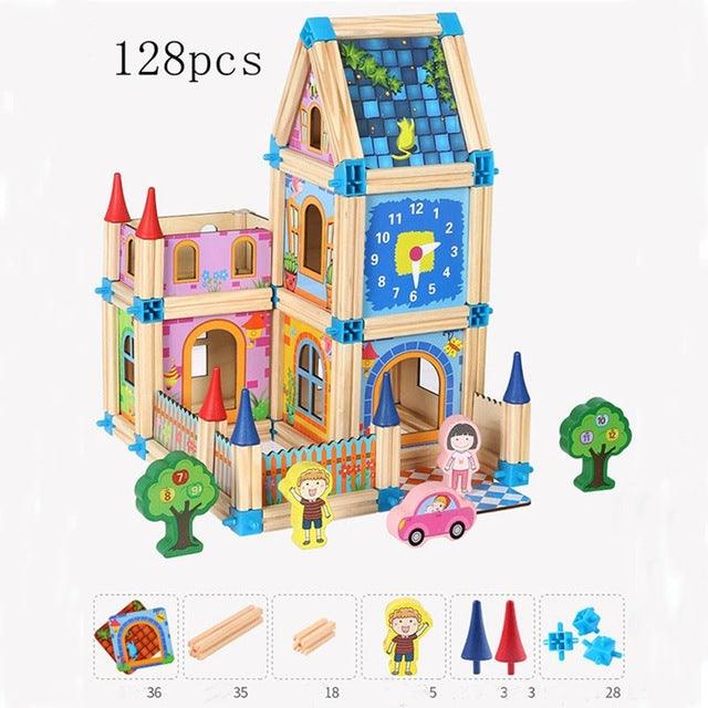 Happy Building 128/268pcs Wooden Construction Building Model Building Blocks - Intelligence Building Block Toy (8X2)(D2)