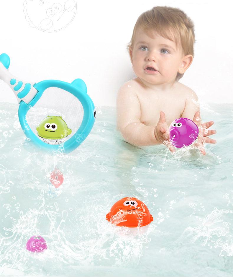 Baby Bathing Toys Shark or Whale Fishing Net and Colorful Soft Floating Rubber Sound BathToys (D1)(4X1)