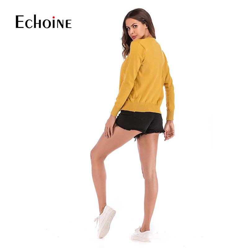 Amazing Quality Casual knitted Cardigan Sweater - Women New O Neck Spring Fall Solid Colors - Hollow Out Slim Sleeve Sweaters (1U23)(1U20)