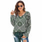 Quality Fashion Autumn Print Chiffon Top - New Deep V-neck Blouses - Long Sleeve - Plus Size Shirts (2U19)